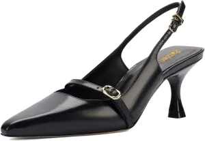 Pazzion Women's Pointed Closed Toe Slingback Pumps Mid Kitten Heel Ankle Strap Buckled Sandals Comfy Daily Prom Event Shoes Size 4-16 US