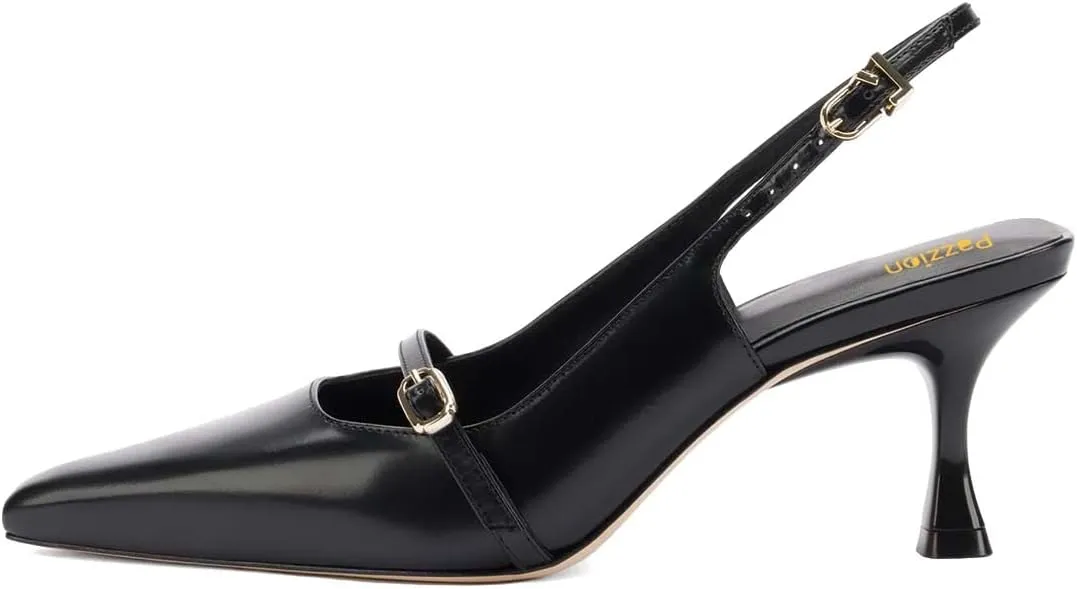 Pazzion Women's Pointed Closed Toe Slingback Pumps Mid Kitten Heel Ankle Strap Buckled Sandals Comfy Daily Prom Event Shoes Size 4-16 US