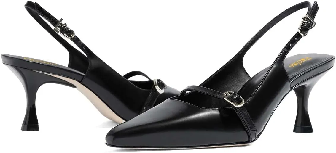 Pazzion Women's Pointed Closed Toe Slingback Pumps Mid Kitten Heel Ankle Strap Buckled Sandals Comfy Daily Prom Event Shoes Size 4-16 US