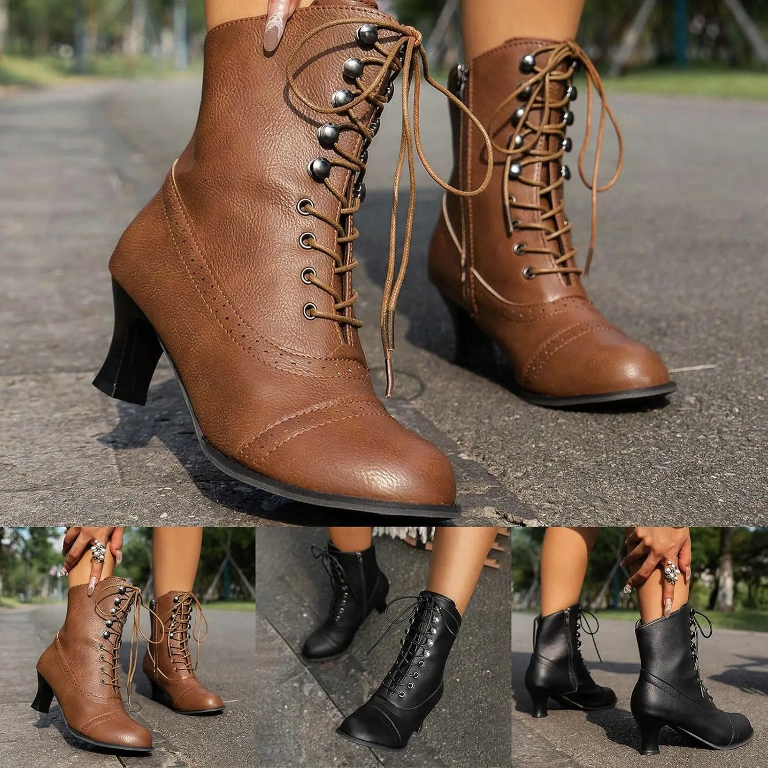 Pirate Boots Women Victorian Mid Calf Witch Costume Renaissance Shoes Chunky Heel Lace Up Halloween Gothic Punk Dress Boots