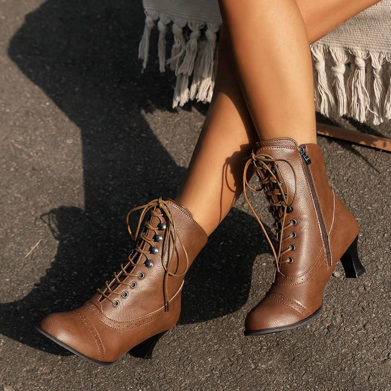 Pirate Boots Women Victorian Mid Calf Witch Costume Renaissance Shoes Chunky Heel Lace Up Halloween Gothic Punk Dress Boots