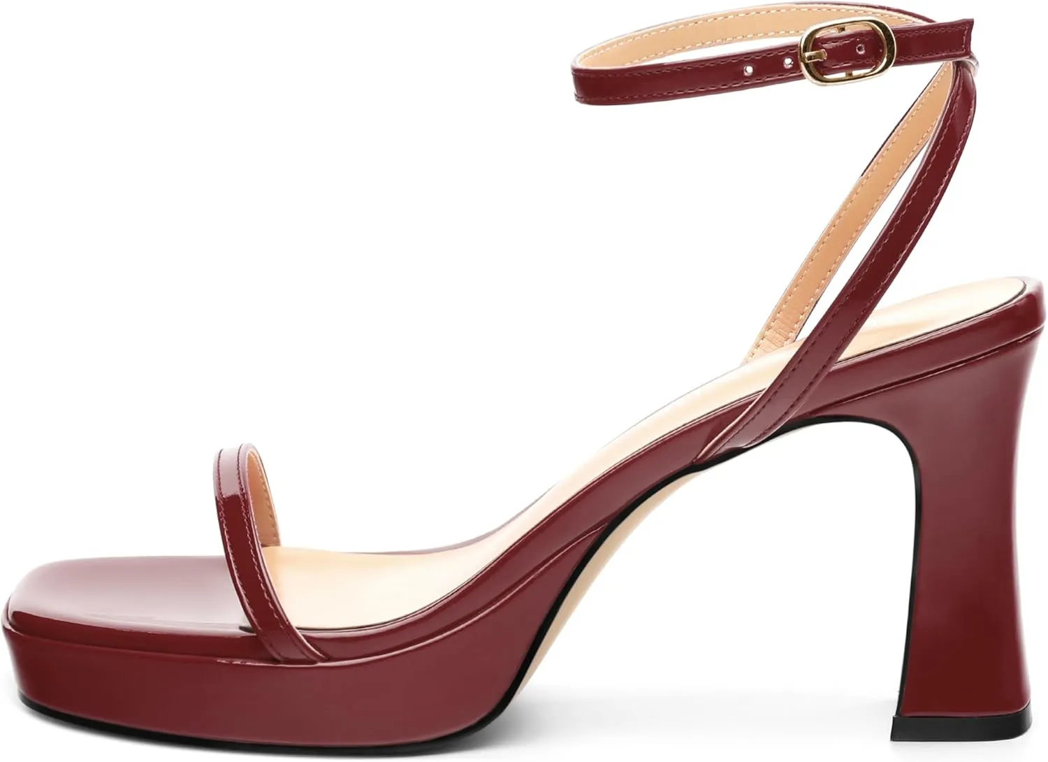 Platform Chunky Block High Heels for Women Patent Square Open Toe Ankle Strap Buckle Heeled Sandals Fashion Wedding Party Prom Evening Dress Shoes