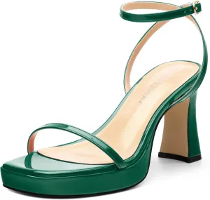 Platform Chunky Block High Heels for Women Patent Square Open Toe Ankle Strap Buckle Heeled Sandals Fashion Wedding Party Prom Evening Dress Shoes