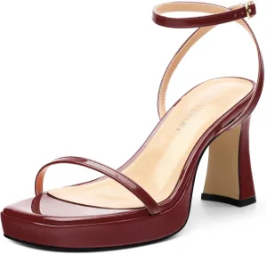 Platform Chunky Block High Heels for Women Patent Square Open Toe Ankle Strap Buckle Heeled Sandals Fashion Wedding Party Prom Evening Dress Shoes