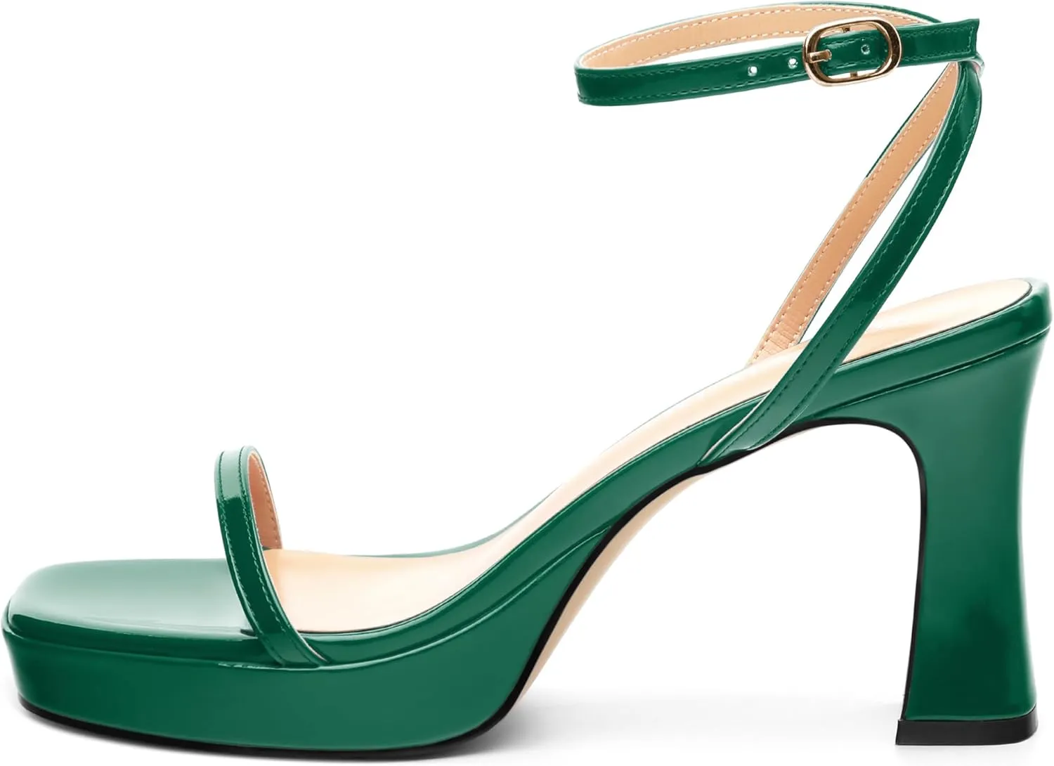 Platform Chunky Block High Heels for Women Patent Square Open Toe Ankle Strap Buckle Heeled Sandals Fashion Wedding Party Prom Evening Dress Shoes