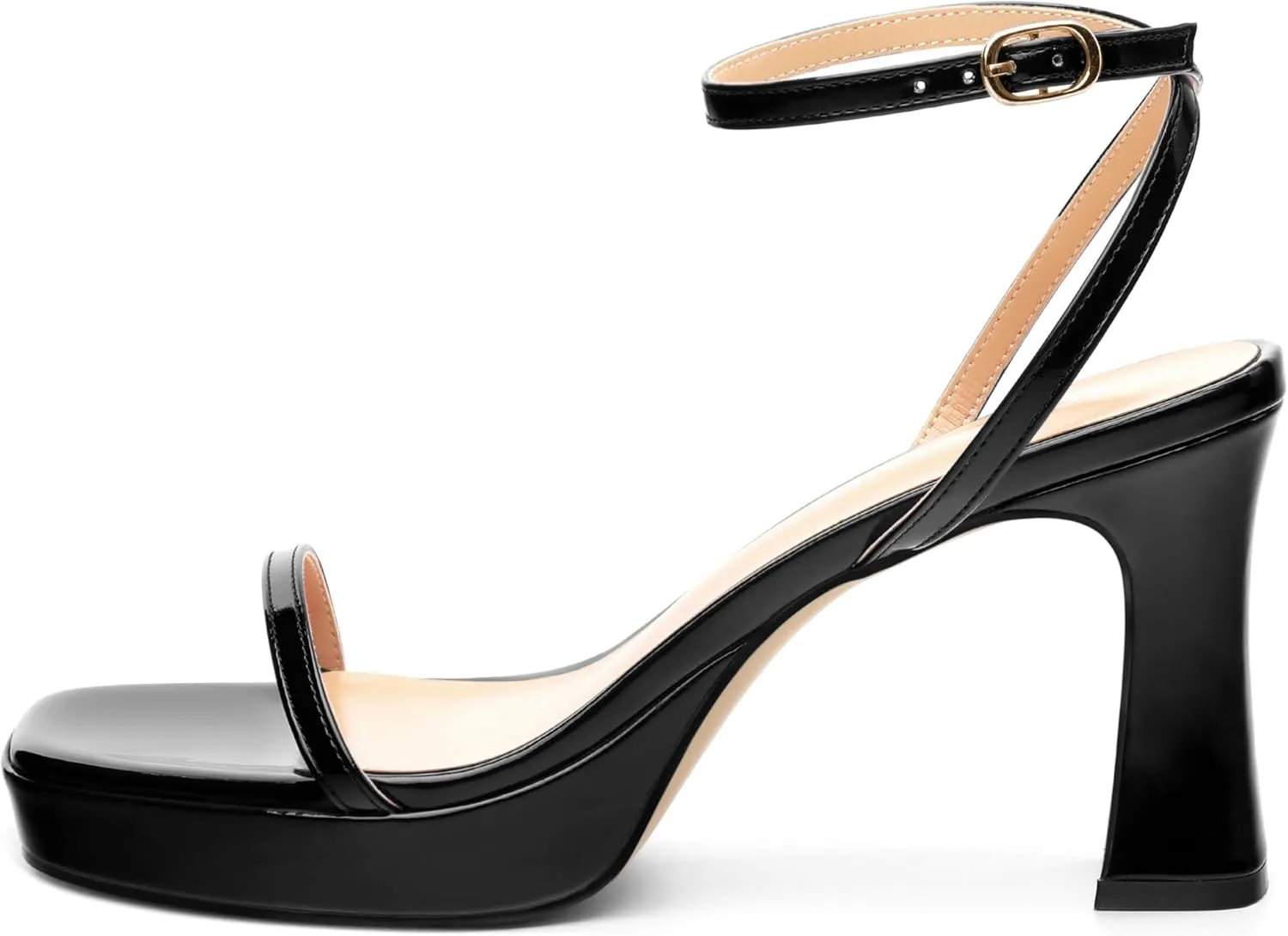Platform Chunky Block High Heels for Women Patent Square Open Toe Ankle Strap Buckle Heeled Sandals Fashion Wedding Party Prom Evening Dress Shoes