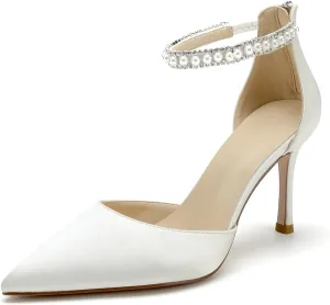 Pointed Toe Pearl Wedding Shoes for Bride White High Heels Satin Bridal Shoes Zipper Back Evening Party Dance Dresses Shoes Pumps for Women