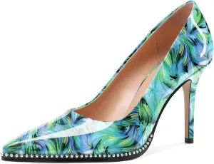 SAMMITOP Women Beaded Pumps Closed Pointed Toe High Heel Slip On Stilettos 3.5 Inch Sexy Heeled Dress Shoes Patent Leather