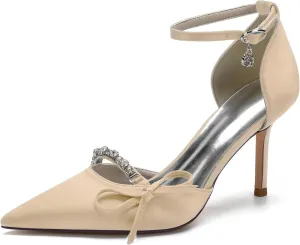 Sangeuhhlk Women's Closed Toe Stiletto High Rhinestone High Heels Wedding Bridal Dress Bow knot Shoes Ankle Strap Mid Heel Stiletto Pumps Party Shoes