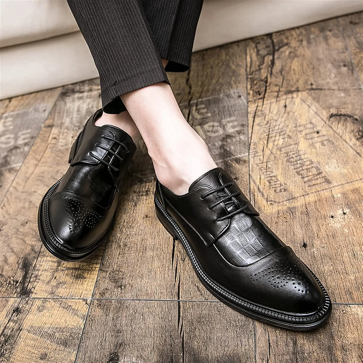 Single Season Dress Oxford for Men Lace Up Brogue Embossed Burnished Round Toe Vegan Leather Non Slip Low Top Slip Resistant Anti-Slip Rubber Sole Wedding Very Popular Among Young People