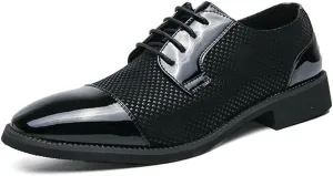Single Season Dress Oxford Shoes for Men Lace Up Two Tone Patchwork Cap Toe Vegan Leather Anti-Slip Block Heel Rubber Sole Resistant Non Slip Prom Very Popular Among Young People (Color Black