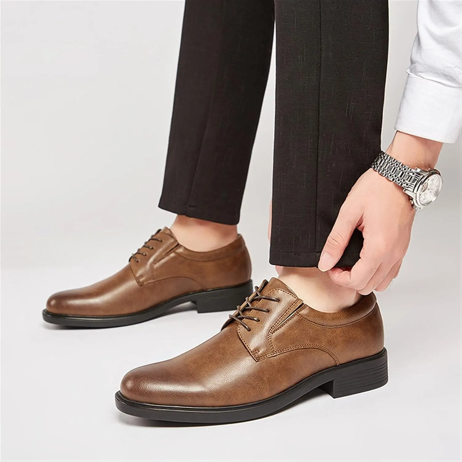 Single Season Oxford Shoes for Men Lace Up Derby Shoes Round Toe Vegan Leather Rubber Sole Anti-Slip Block Heel Resistant Non Slip Party Very Popular Among Young People