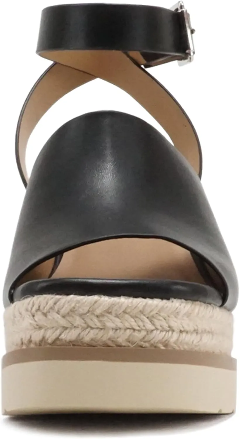 Soda Stella ~ Women Square Peep Toe Single Band Platform Espadrille Wedge Sandals with Adjustable Ankle Strap