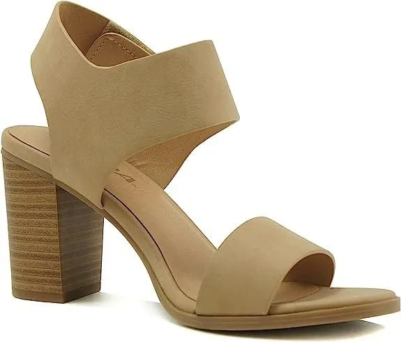 SODA Wait Womens Open Toe Chunky Block Heel Ankle Velcor Strap Shoes Dress Sandals Natural 8.5