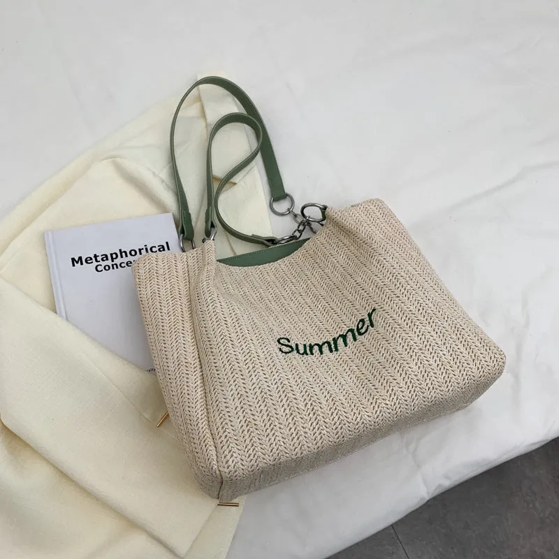 Sohiwoo Woven Straw Bag Boho Style Tote Bag Large Capacity Shoulder Bag For Travel Beach