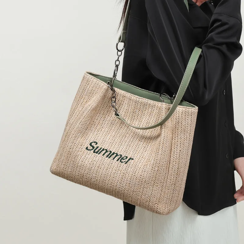 Sohiwoo Woven Straw Bag Boho Style Tote Bag Large Capacity Shoulder Bag For Travel Beach