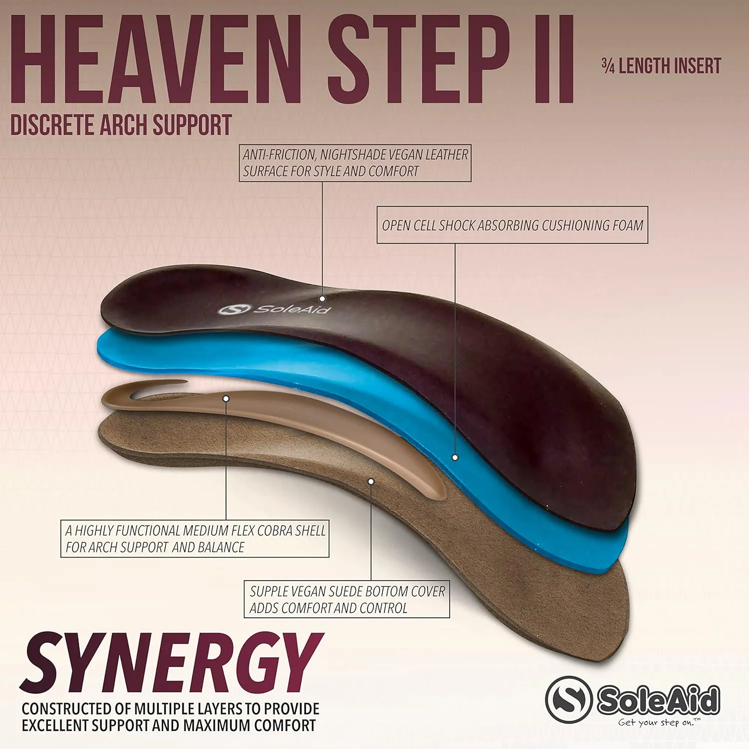 SoleAid 3/4 Length Heaven Step ii Insole, Vegan Leather and Suede Low Profile Shoe Insert, Semi-Rigid Neutral Height Arch Support for Tight Fitting Formal Dress and Business Shoes