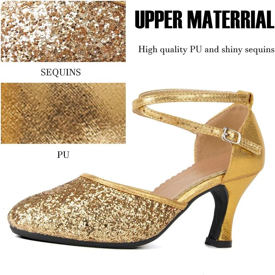 SWDZM Glitter Women Latin Dance Shoes Closed Toe Ballroom Salsa Dance Heels Party Dress Shoes