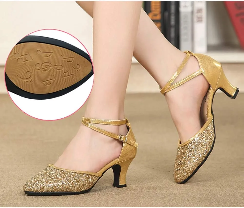 SWDZM Glitter Women Latin Dance Shoes Closed Toe Ballroom Salsa Dance Heels Party Dress Shoes