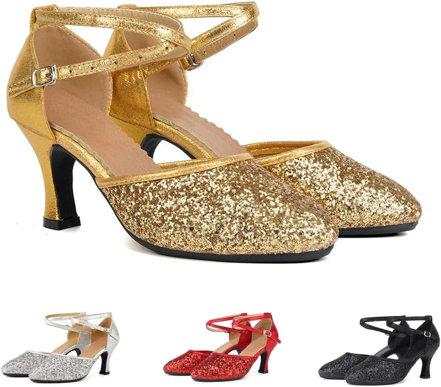 SWDZM Glitter Women Latin Dance Shoes Closed Toe Ballroom Salsa Dance Heels Party Dress Shoes