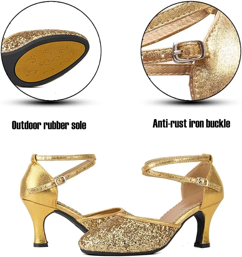 SWDZM Glitter Women Latin Dance Shoes Closed Toe Ballroom Salsa Dance Heels Party Dress Shoes