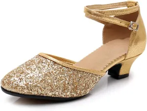 SWDZM Glitter Women Latin Dance Shoes Closed Toe Ballroom Salsa Dance Heels Party Dress Shoes