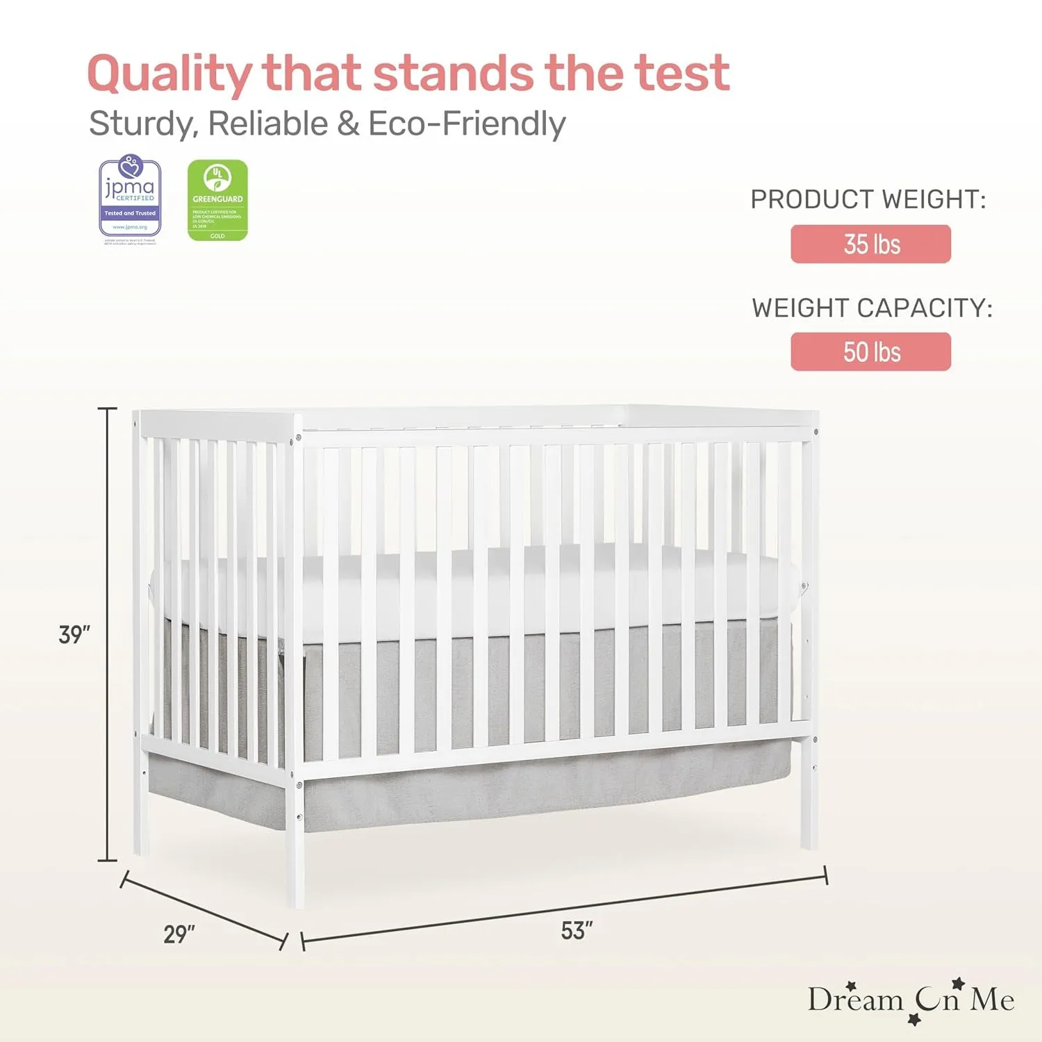 Synergy 5-In-1 Convertible Crib In White, made of New Zealand Pine wood, JPMA & Greenguard Gold Certified, features 3 mattress height settings