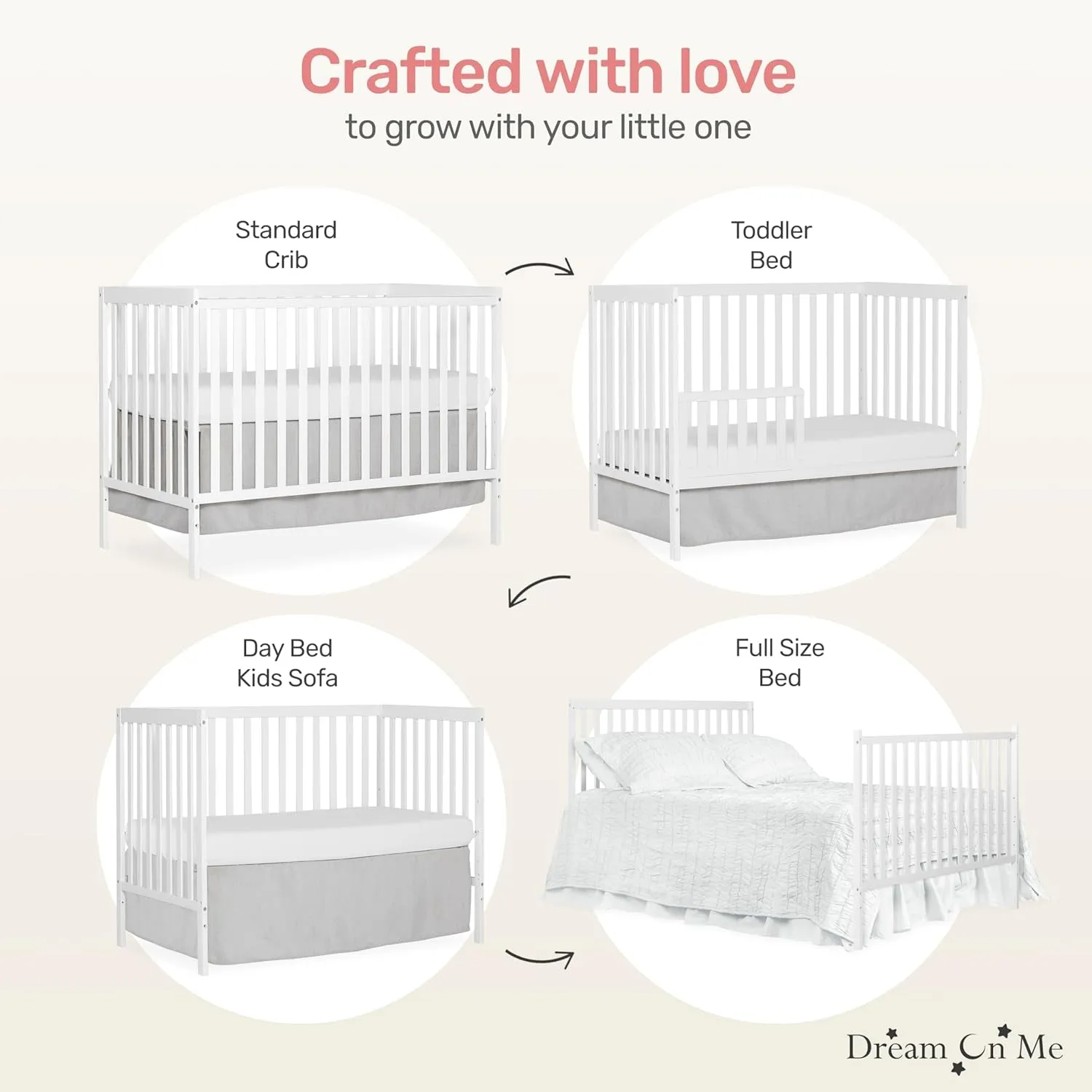 Synergy 5-In-1 Convertible Crib In White, made of New Zealand Pine wood, JPMA & Greenguard Gold Certified, features 3 mattress height settings