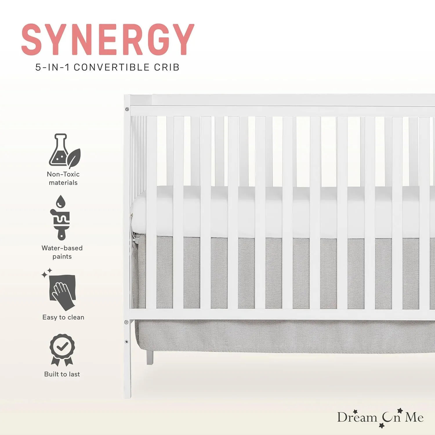 Synergy 5-In-1 Convertible Crib In White, made of New Zealand Pine wood, JPMA & Greenguard Gold Certified, features 3 mattress height settings