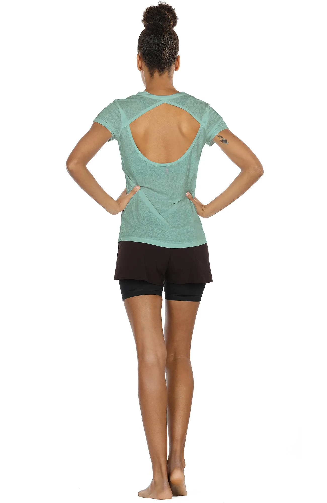 T7 icyzone Activewear Fitness Yoga Tops Workout V Neck Open Back T-Shirts for Women