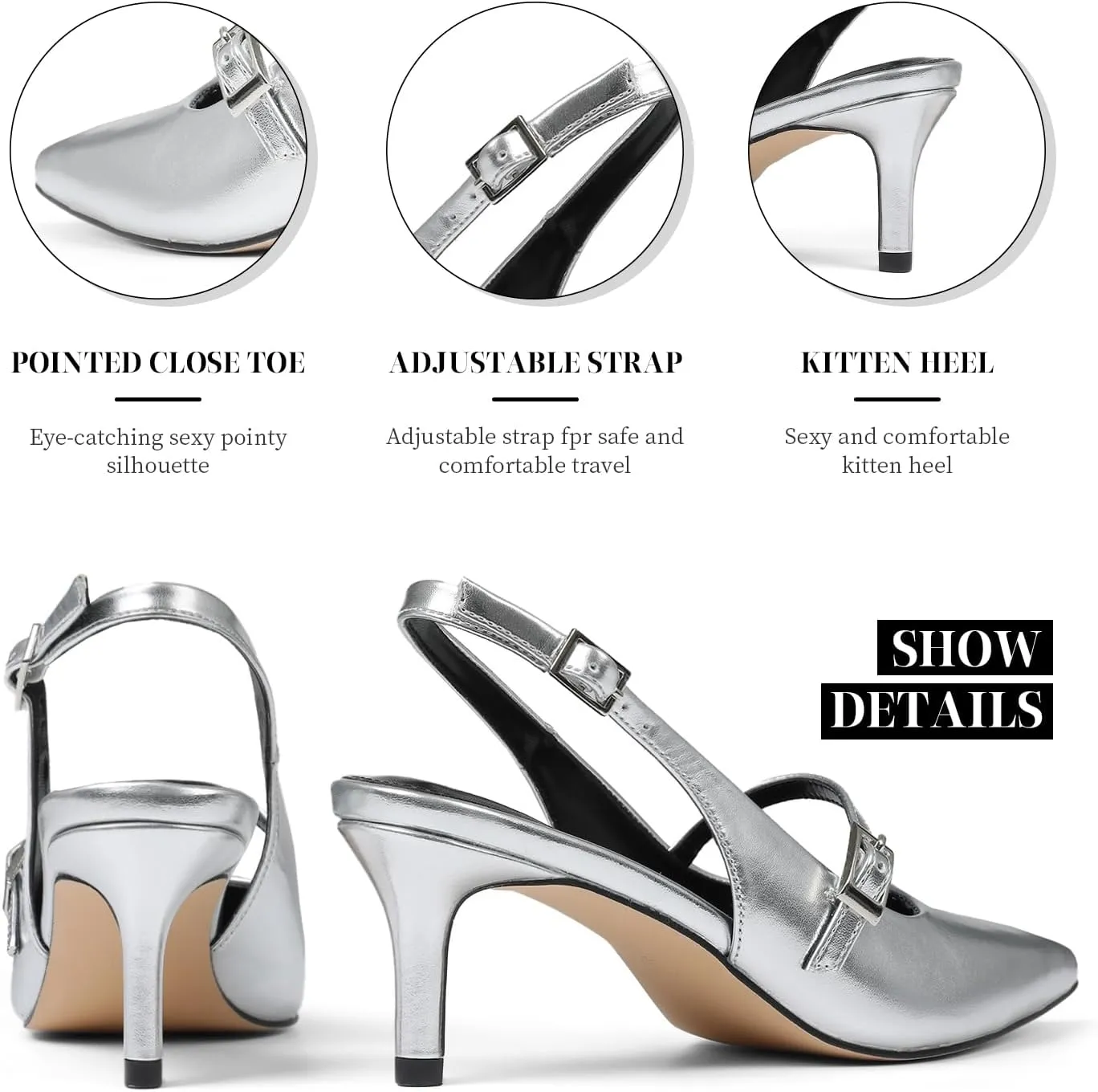 Uacllcau Slingback Kitten Heels for Women Pointed Toe Stiletto Heels Slip On Metallic Slingback Pumps Dress Work Bride Wedding Heeled Sandals Shoes