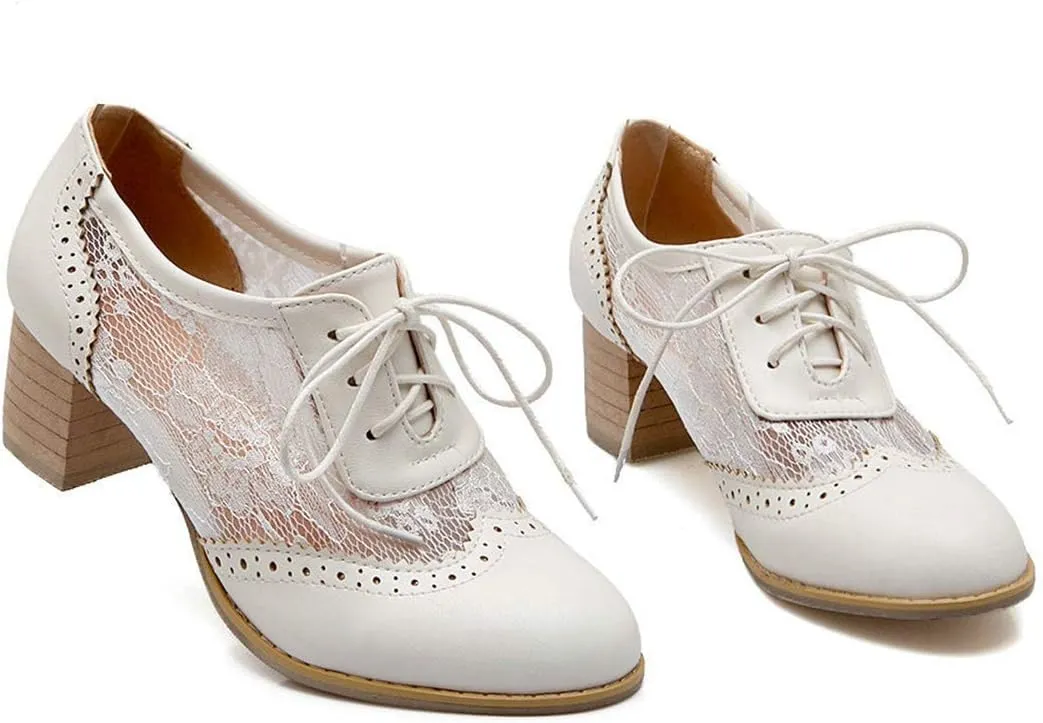 VOKLIN Women's Vintage Lace Up Pump Oxfords Brogues Wingtip Perforated Chunky Block Mid Heels Dressy Shoes