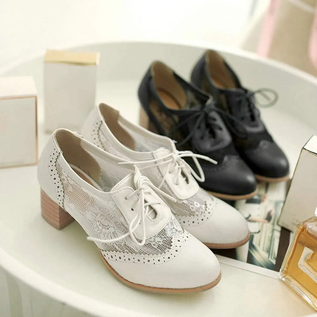 VOKLIN Women's Vintage Lace Up Pump Oxfords Brogues Wingtip Perforated Chunky Block Mid Heels Dressy Shoes