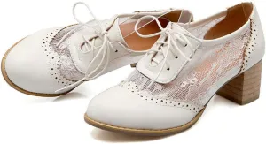 VOKLIN Women's Vintage Lace Up Pump Oxfords Brogues Wingtip Perforated Chunky Block Mid Heels Dressy Shoes
