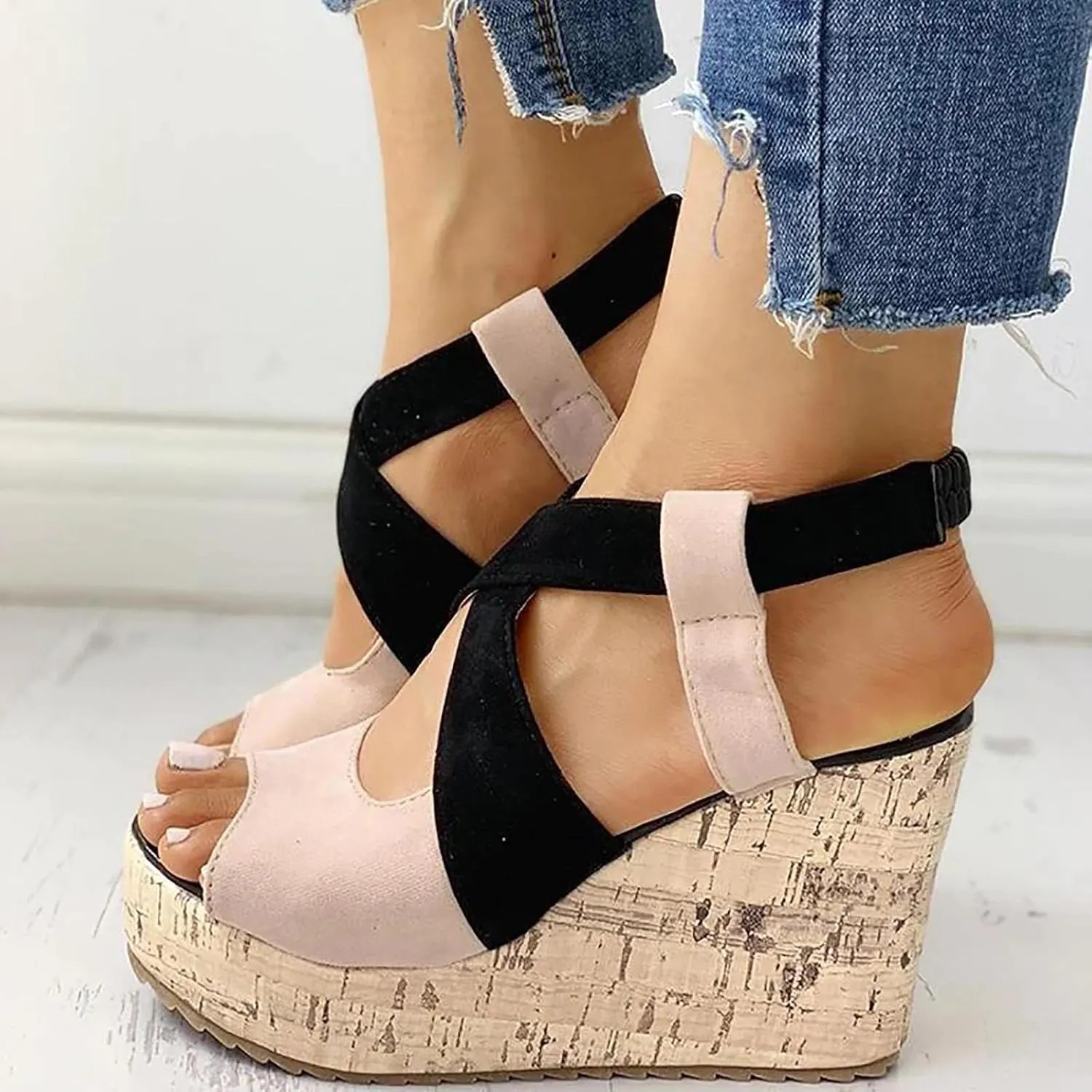 Wedge Sandal for Women Ankle Strap Flatform Arch Support Fish Mouth Toe Shoes Platform Espadrilles Chunky Non-Slip