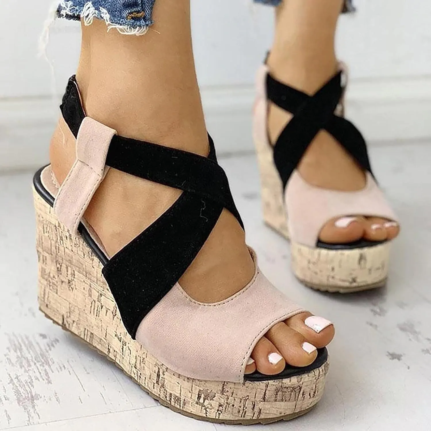 Wedge Sandal for Women Ankle Strap Flatform Arch Support Fish Mouth Toe Shoes Platform Espadrilles Chunky Non-Slip