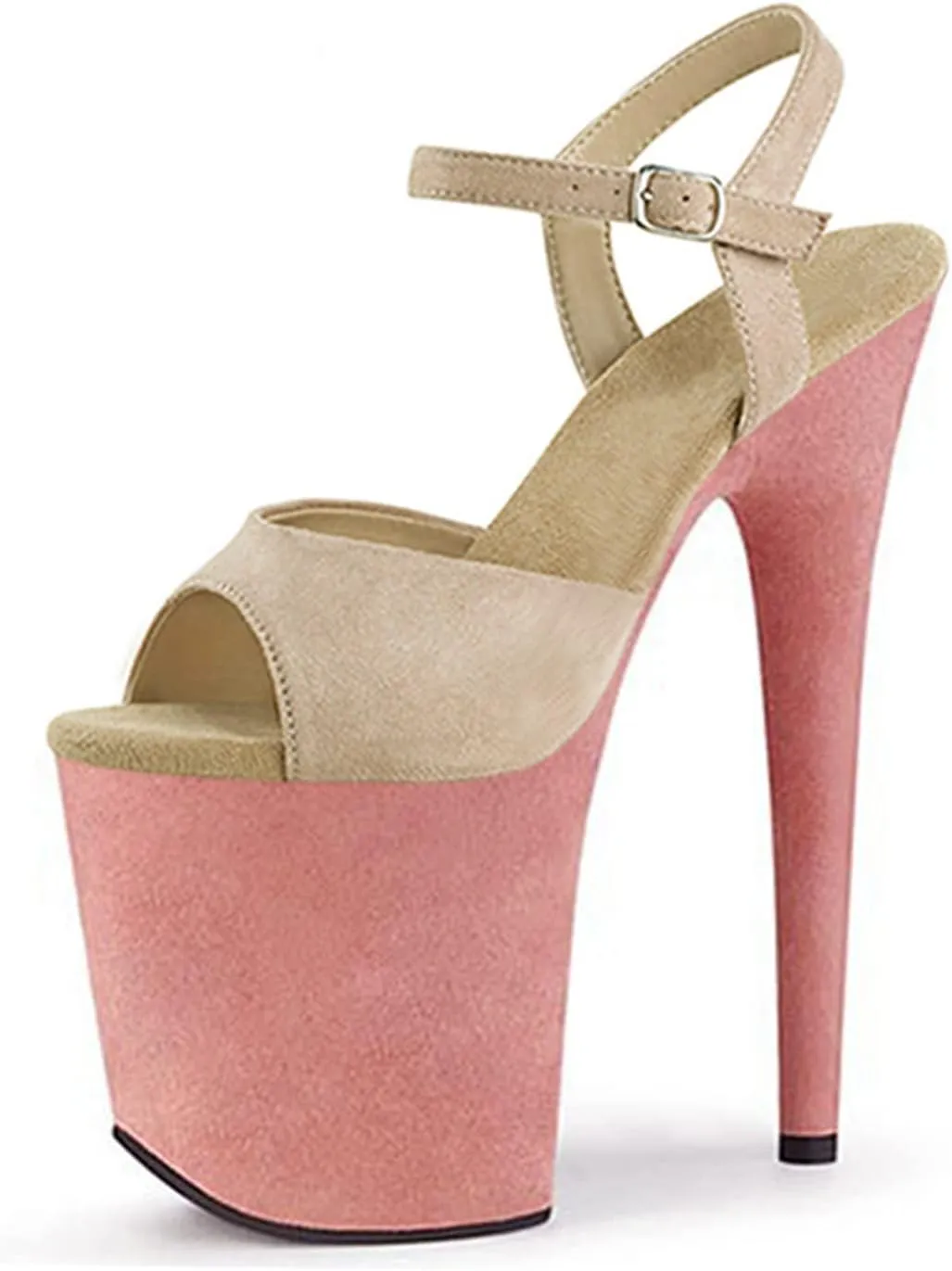 WOilERQ Women Ankle Strap Sandals Peep Open Toe Stiletto High Heel Party Dress Shoes 7.8Inch Color Block Suede Platform Stripper Prom Sandals,Beige,7.5