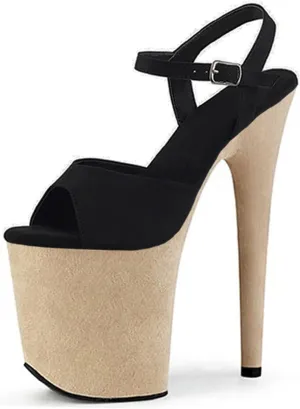 WOilERQ Women Ankle Strap Sandals Peep Open Toe Stiletto High Heel Party Dress Shoes 7.8Inch Color Block Suede Platform Stripper Prom Sandals,Black,7.5