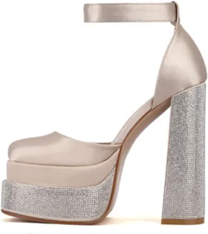 WOilERQ Women Platform Pump Sandals 5.5" Chunky Block Heel Ankle Strap Buckle Closed Square Toe Party Street high Heels Rhinestone Evening Party Dress Shoes,Gold,6.5