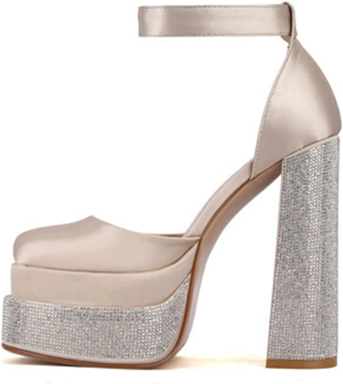 WOilERQ Women Platform Pump Sandals 5.5" Chunky Block Heel Ankle Strap Buckle Closed Square Toe Party Street high Heels Rhinestone Evening Party Dress Shoes,Gold,6.5