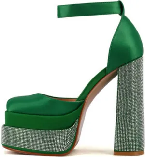 WOilERQ Women Platform Pump Sandals 5.5" Chunky Block Heel Ankle Strap Buckle Closed Square Toe Party Street high Heels Rhinestone Evening Party Dress Shoes,Green,5