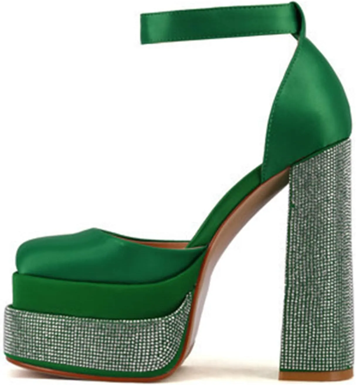 WOilERQ Women Platform Pump Sandals 5.5" Chunky Block Heel Ankle Strap Buckle Closed Square Toe Party Street high Heels Rhinestone Evening Party Dress Shoes,Green,5