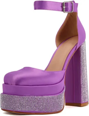 WOilERQ Women Platform Pump Sandals 5.5" Chunky Block Heel Ankle Strap Buckle Closed Square Toe Party Street high Heels Rhinestone Evening Party Dress Shoes,Purple,7.5