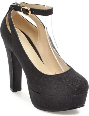 WOilERQ Womens Ankle Strap Evening Platform Pumps Sequins Dress Buckle Round Toe Chunky High Heel Pumps Shoes Fashion Nightclub Party Shoes,Black,42