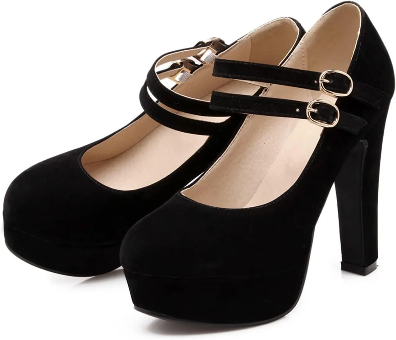 WOilERQ Women's Suede Mary Jane Double Ankle Strap Platform Round Toe Chunky Block High Heel Pumps Dress Party Shoes,Black,46