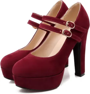 WOilERQ Women's Suede Mary Jane Double Ankle Strap Platform Round Toe Chunky Block High Heel Pumps Dress Party Shoes,Red,42