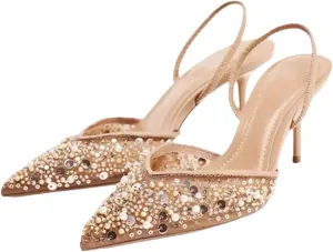 Women Bling String Bead Mesh High Heels Pointy Toe Breathable Sandals Elegant Slingbacks Party Pumps Thin Heels