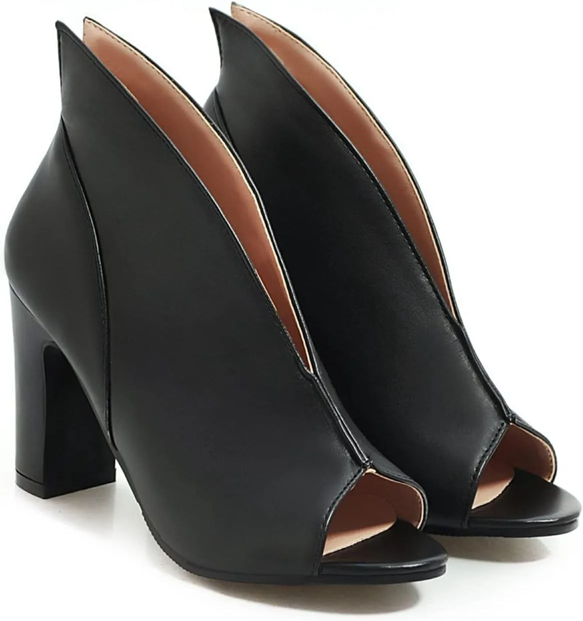 Women Fashion Peep Toe Sandal Pumps V Cut PU Leather Slip On Chunky High Heel Office Dress Shoes