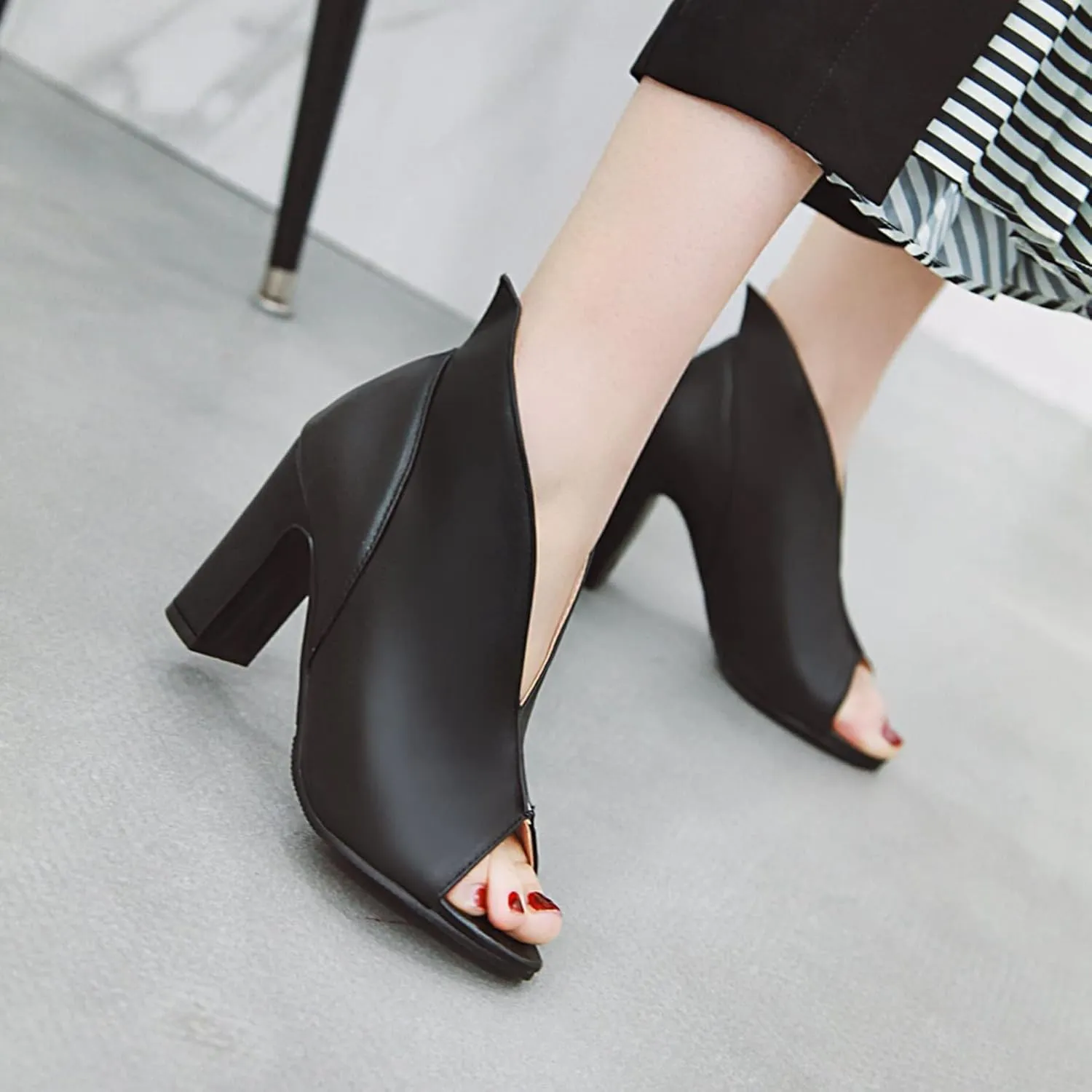 Women Fashion Peep Toe Sandal Pumps V Cut PU Leather Slip On Chunky High Heel Office Dress Shoes