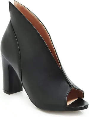Women Fashion Peep Toe Sandal Pumps V Cut PU Leather Slip On Chunky High Heel Office Dress Shoes